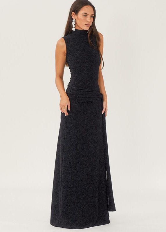 Sleeveless High Neck Glitter Maxi Dress Black