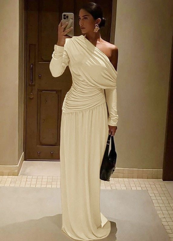 One Shoulder Draped Maxi Dress In Lightweight Stretch Fabric