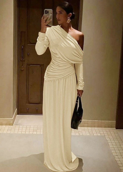 One Shoulder Draped Maxi Dress In Lightweight Stretch Fabric