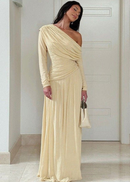 One Shoulder Draped Maxi Dress In Lightweight Stretch Fabric
