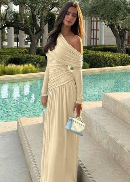 One Shoulder Draped Maxi Dress In Lightweight Stretch Fabric