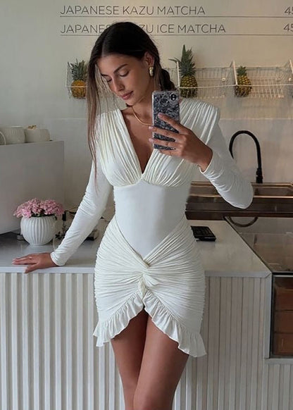 Ruched Long Sleeve Mini Dress Soft Stretch Fabric