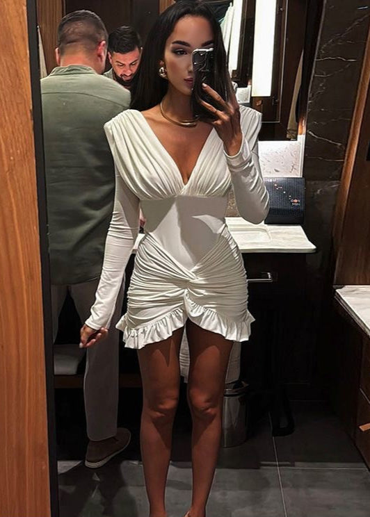 Ruched Long Sleeve Mini Dress Soft Stretch Fabric