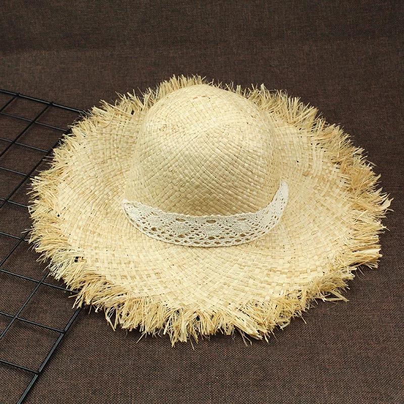 Lace Strap Straw Hat Bow Wide Grass Female Summer Cap Beach Visor Outdoor Holiday Beach Sun Protection Hat Collapsible
