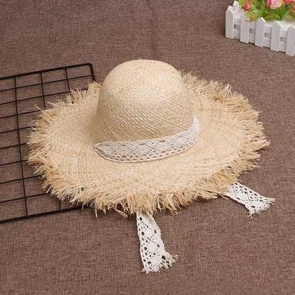 Lace Strap Straw Hat Bow Wide Grass Female Summer Cap Beach Visor Outdoor Holiday Beach Sun Protection Hat Collapsible