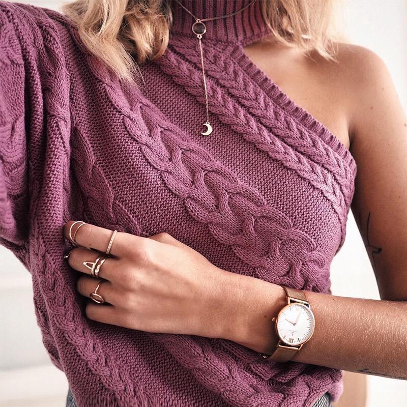 One Side Shoulder Off Single-Sleeve Twisted Turtleneck Sweater
