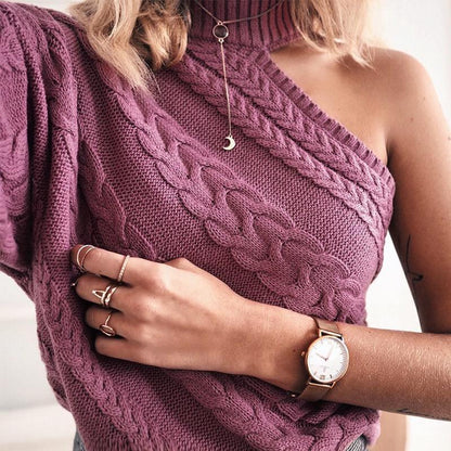 One Side Shoulder Off Single-Sleeve Twisted Turtleneck Sweater