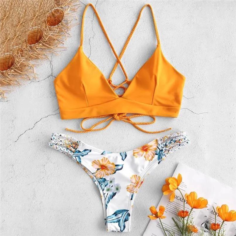 Solid Color Top Floral Bottom Bikini Cut Flowers Two Piece Swimsuit Push Up Swimwear Beachwear Swimming Suit