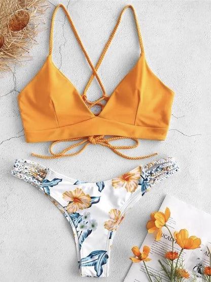 Solid Color Top Floral Bottom Bikini Cut Flowers Two Piece Swimsuit Push Up Swimwear Beachwear Swimming Suit
