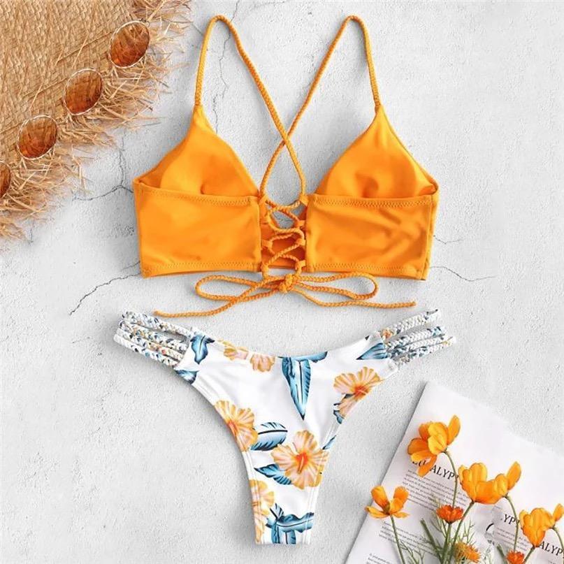Solid Color Top Floral Bottom Bikini Cut Flowers Two Piece Swimsuit Push Up Swimwear Beachwear Swimming Suit