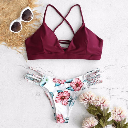 Solid Color Top Floral Bottom Bikini Cut Flowers Two Piece Swimsuit Push Up Swimwear Beachwear Swimming Suit