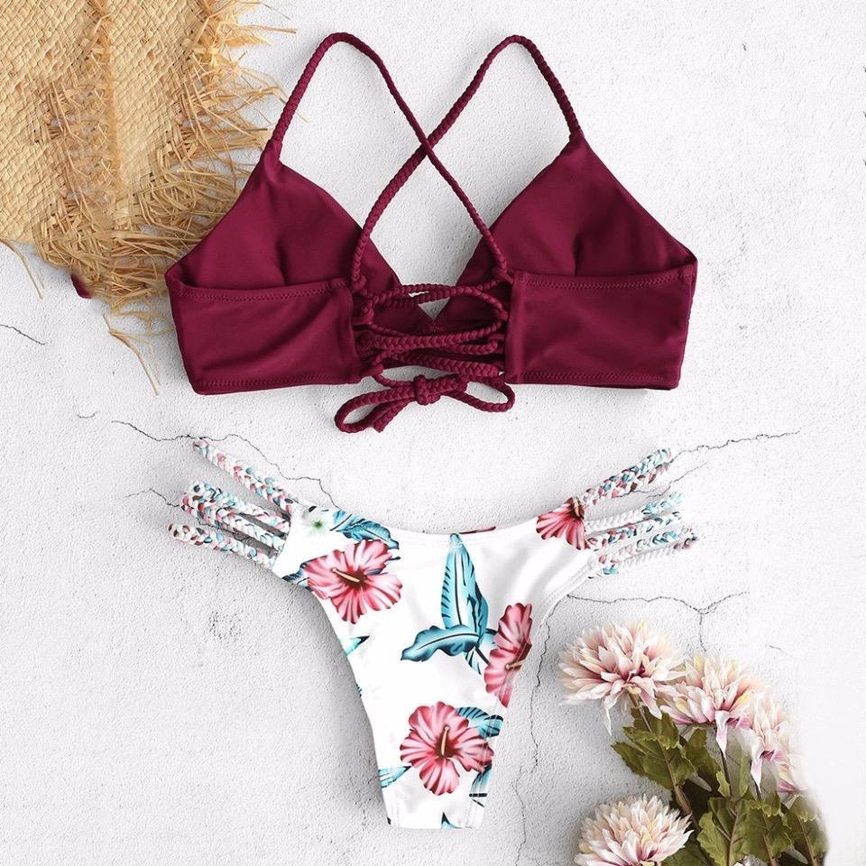 Solid Color Top Floral Bottom Bikini Cut Flowers Two Piece Swimsuit Push Up Swimwear Beachwear Swimming Suit