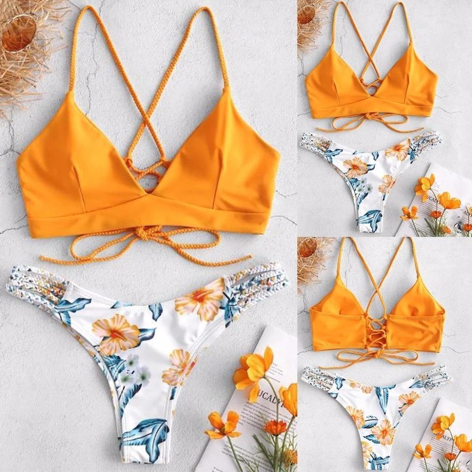 Solid Color Top Floral Bottom Bikini Cut Flowers Two Piece Swimsuit Push Up Swimwear Beachwear Swimming Suit