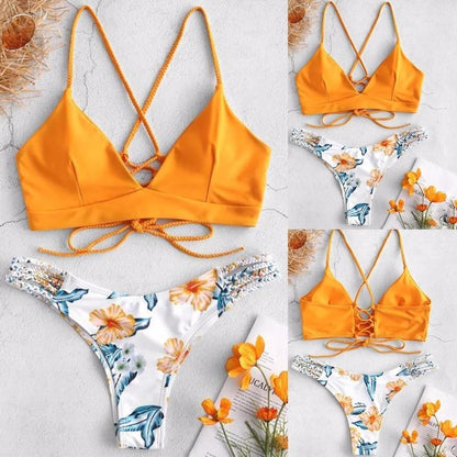 Solid Color Top Floral Bottom Bikini Cut Flowers Two Piece Swimsuit Push Up Swimwear Beachwear Swimming Suit