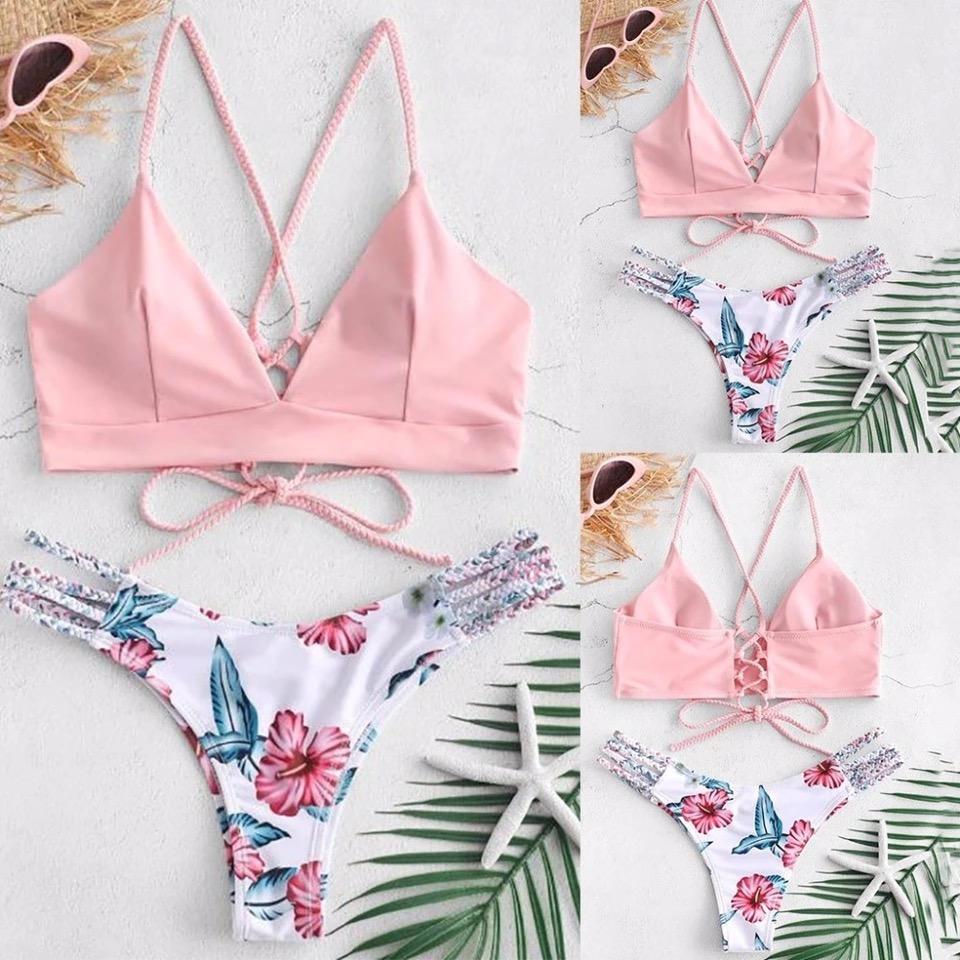 Solid Color Top Floral Bottom Bikini Cut Flowers Two Piece Swimsuit Push Up Swimwear Beachwear Swimming Suit