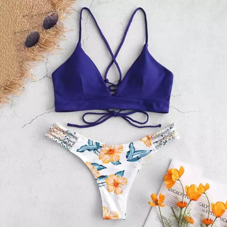 Solid Color Top Floral Bottom Bikini Cut Flowers Two Piece Swimsuit Push Up Swimwear Beachwear Swimming Suit