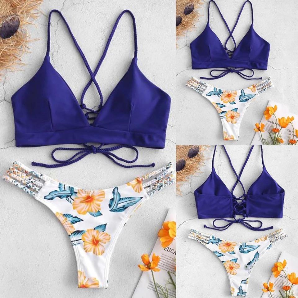 Solid Color Top Floral Bottom Bikini Cut Flowers Two Piece Swimsuit Push Up Swimwear Beachwear Swimming Suit