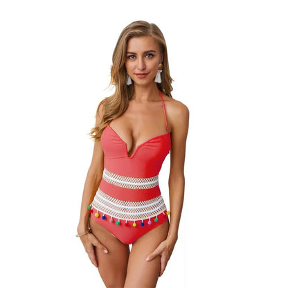 Bombom Tassel Hanging Neck Strap Backless Deep V One-Piece Swimming