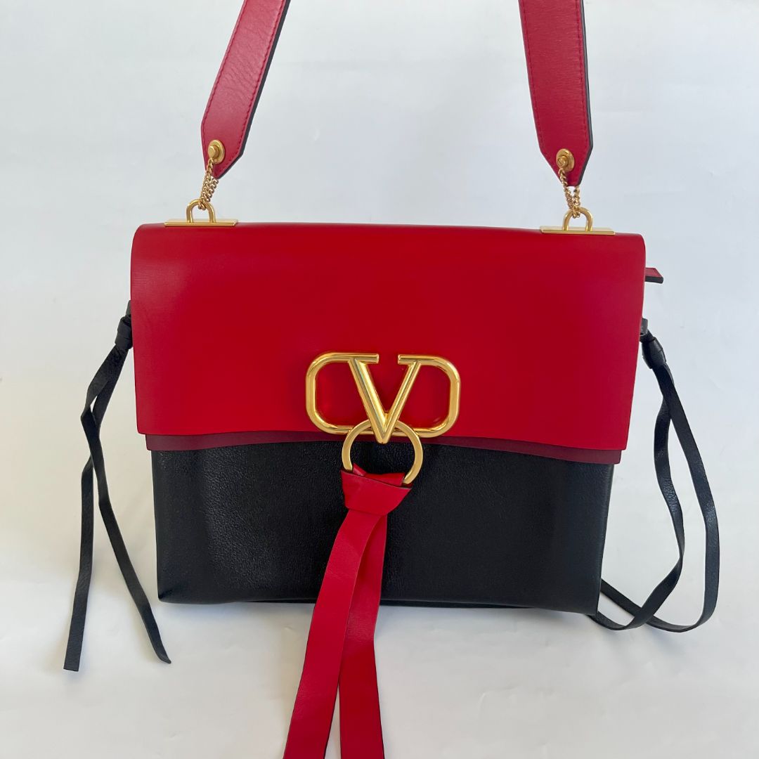 Valentino Black/ Red Leather VRing Flap Shoulder Bag