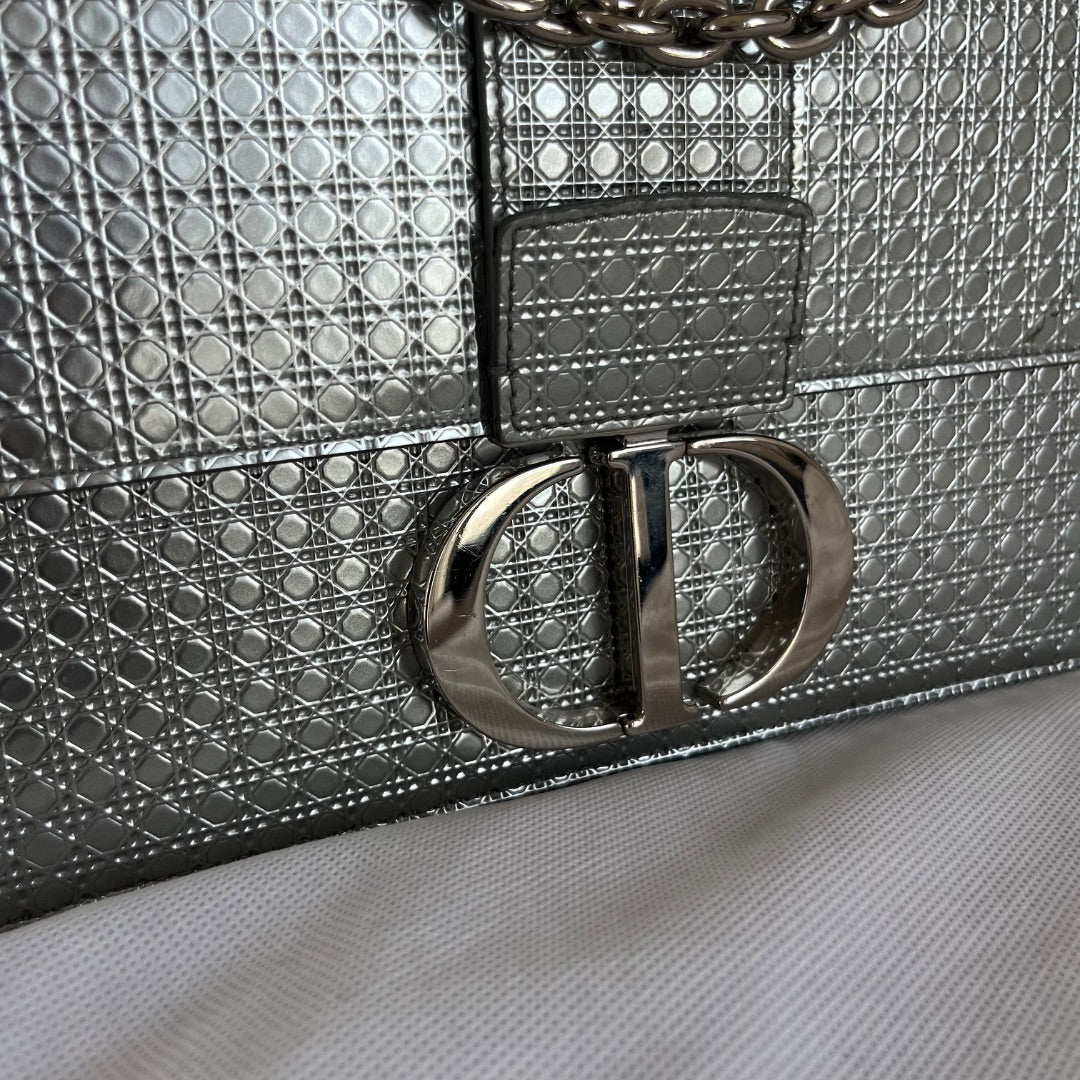 Christian Dior Silver  Micro Cannag Leather Montaigne Flap Chain Cross Body Bags