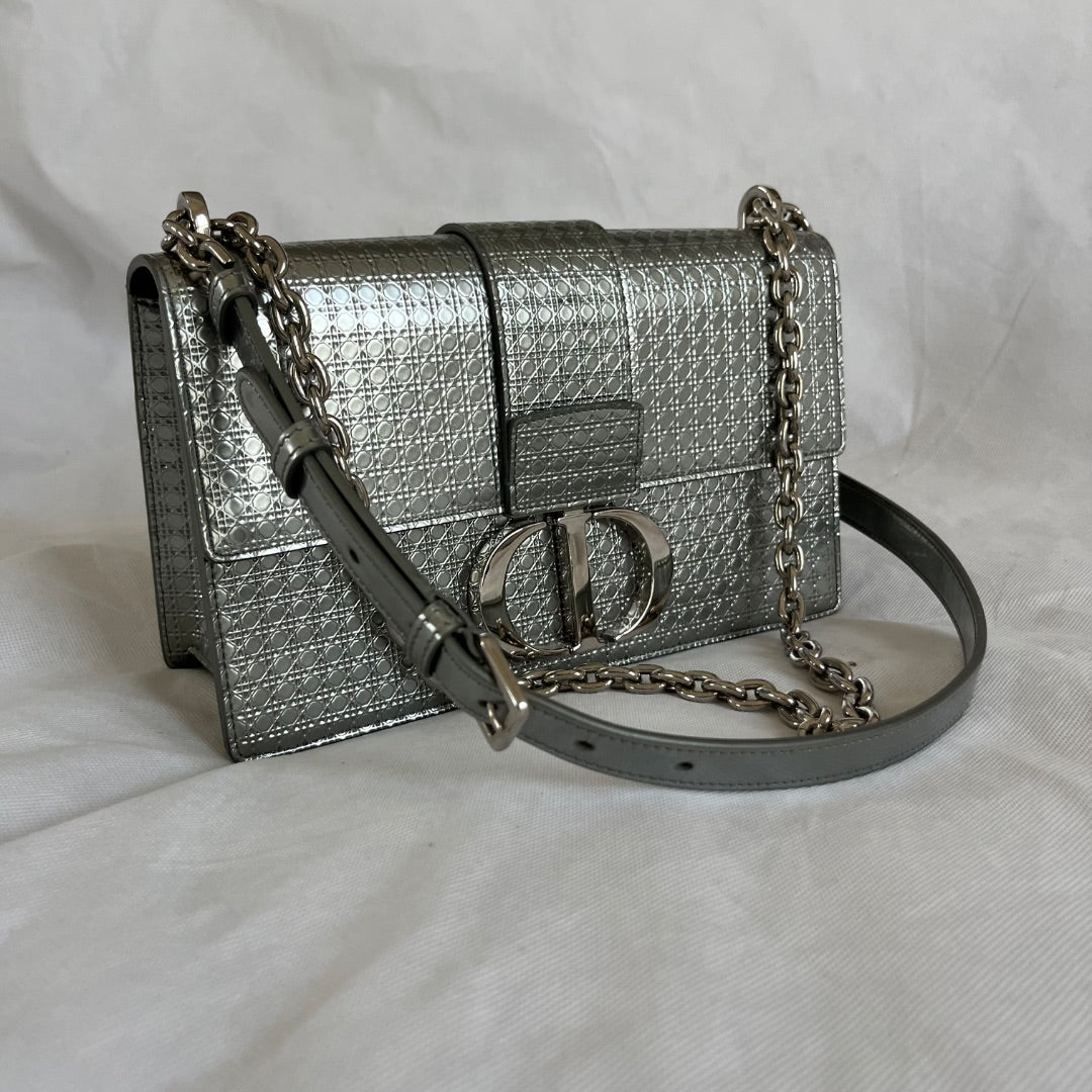 Christian Dior Silver  Micro Cannag Leather Montaigne Flap Chain Cross Body Bags
