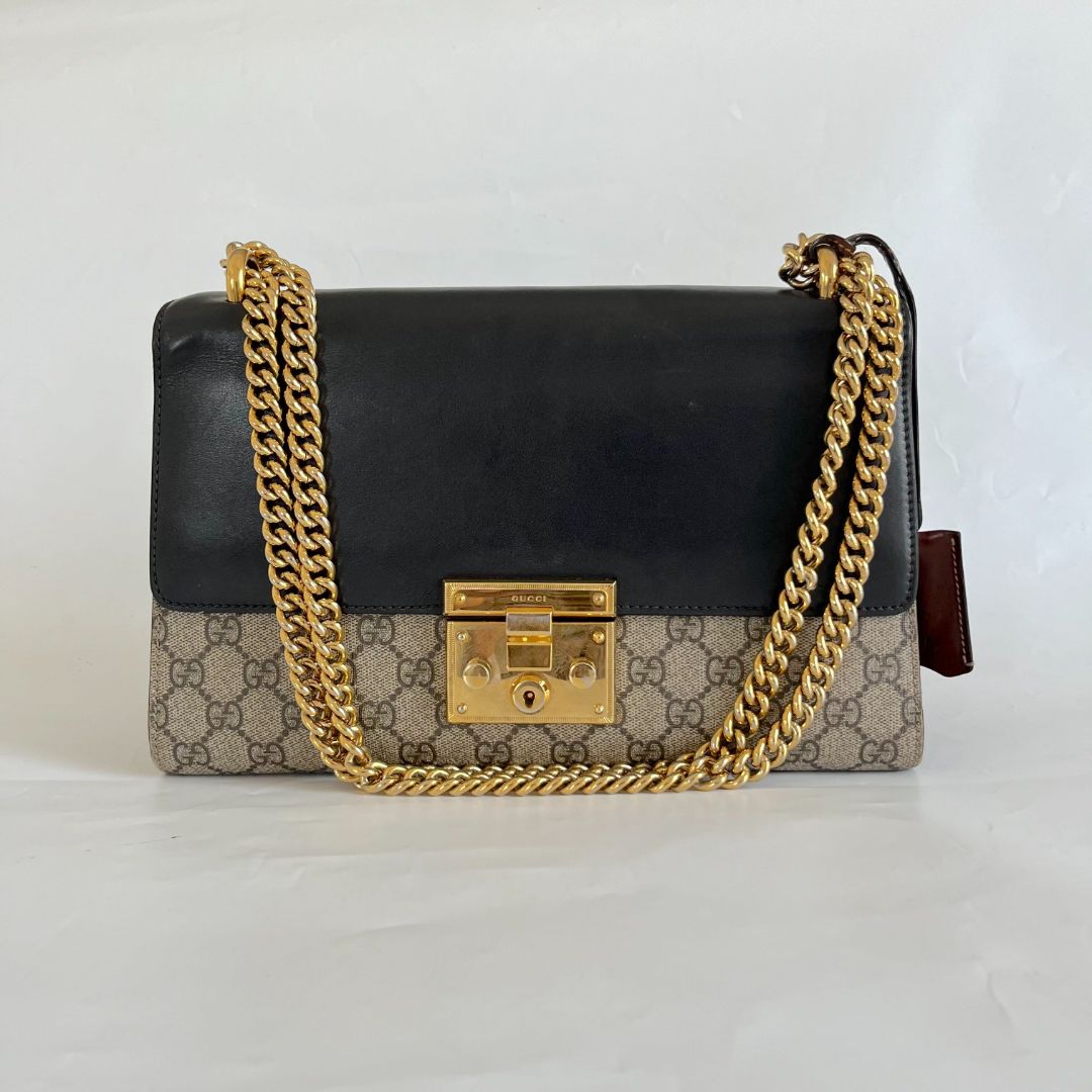 Gucci Black/Brown GG Supreme Coated Canvas Padlock Shoulder Bag