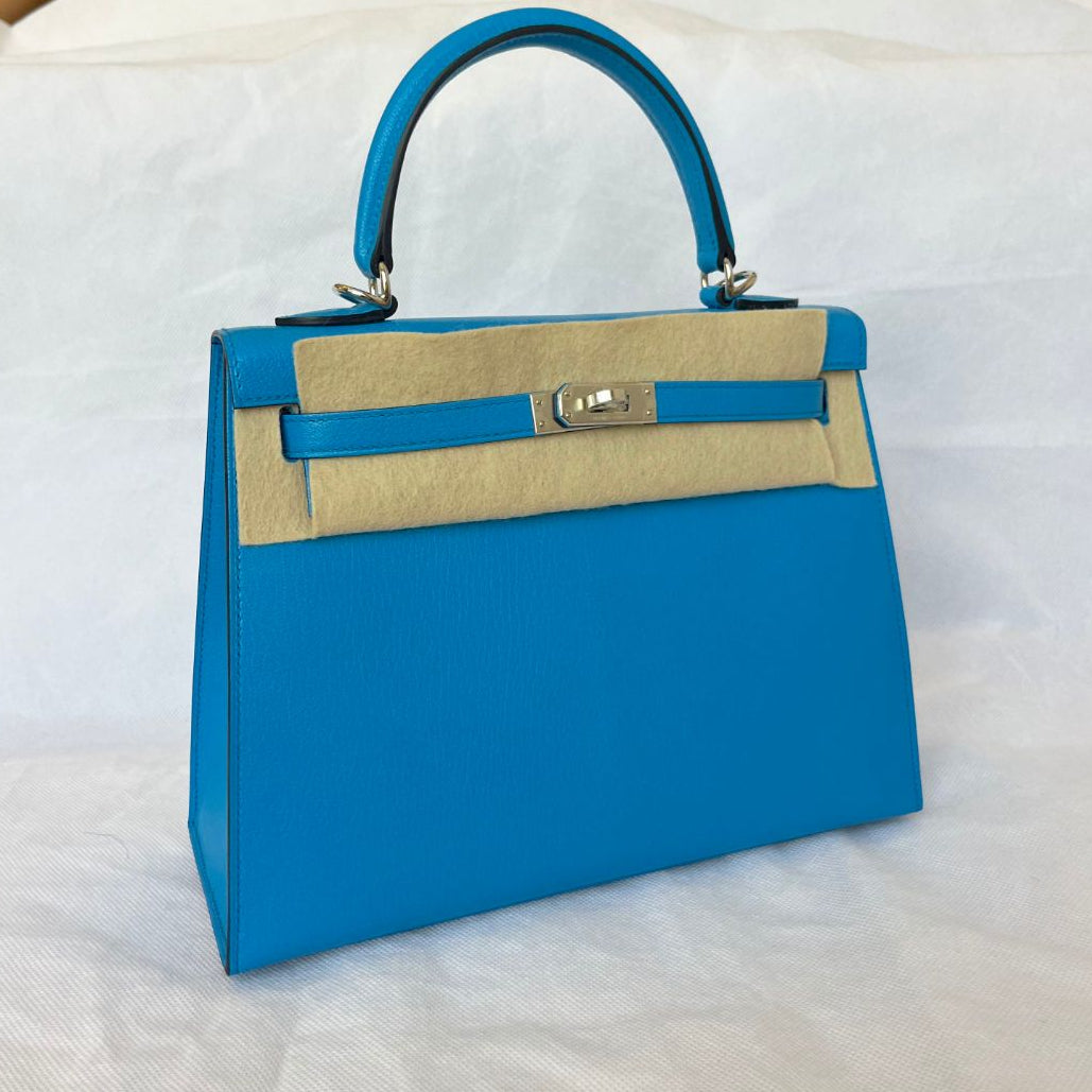 Hermes Kelly 25 Sellier Blue Chamkila Goatskin PHW Bag