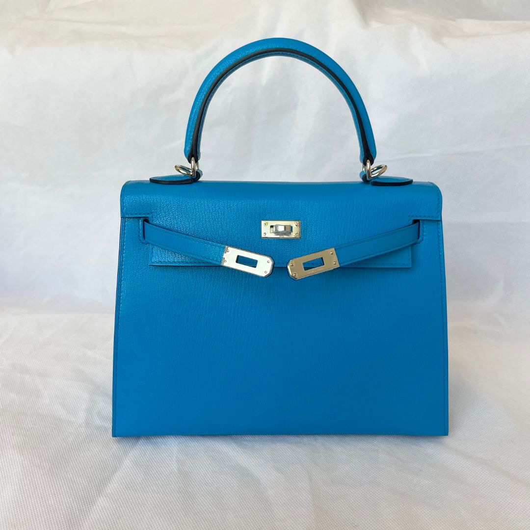 Hermes Kelly 25 Sellier Blue Chamkila Goatskin PHW Bag