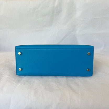 Hermes Kelly 25 Sellier Blue Chamkila Goatskin PHW Bag