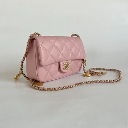 Chanel Pink Leather Classic Quilted Heart Charm Flap Bag