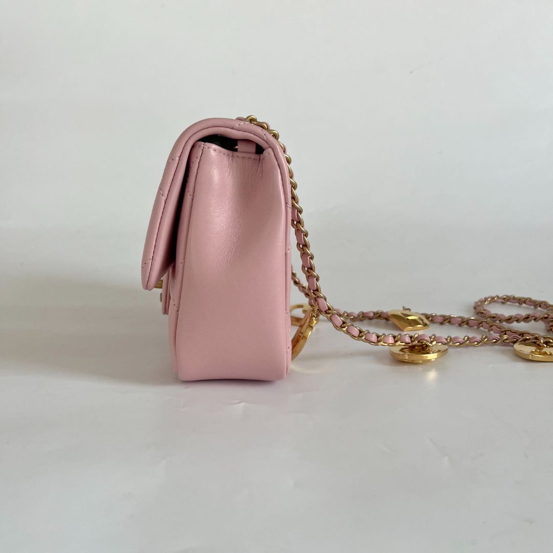 Chanel Pink Leather Classic Quilted Heart Charm Flap Bag
