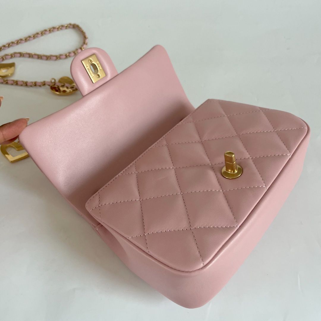 Chanel Pink Leather Classic Quilted Heart Charm Flap Bag