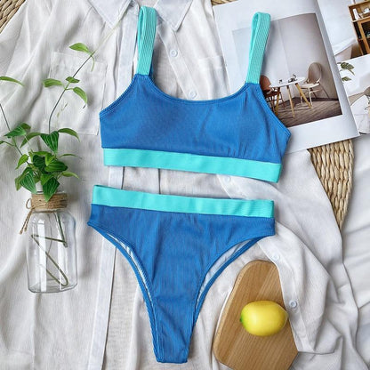 High Waist Bikinis 2021 Swimsuits Bandeau Swimwear Women Splicing Bikini Beachwear Sports Ribbed Bathing Suits New Bikini