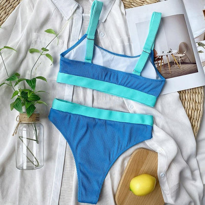 High Waist Bikinis 2021 Swimsuits Bandeau Swimwear Women Splicing Bikini Beachwear Sports Ribbed Bathing Suits New Bikini