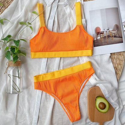 High Waist Bikinis 2021 Swimsuits Bandeau Swimwear Women Splicing Bikini Beachwear Sports Ribbed Bathing Suits New Bikini