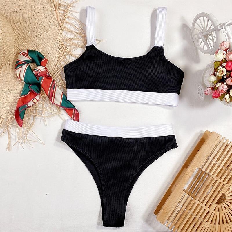 High Waist Bikinis 2021 Swimsuits Bandeau Swimwear Women Splicing Bikini Beachwear Sports Ribbed Bathing Suits New Bikini