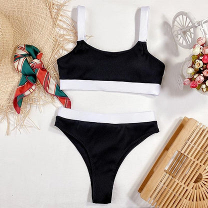High Waist Bikinis 2021 Swimsuits Bandeau Swimwear Women Splicing Bikini Beachwear Sports Ribbed Bathing Suits New Bikini