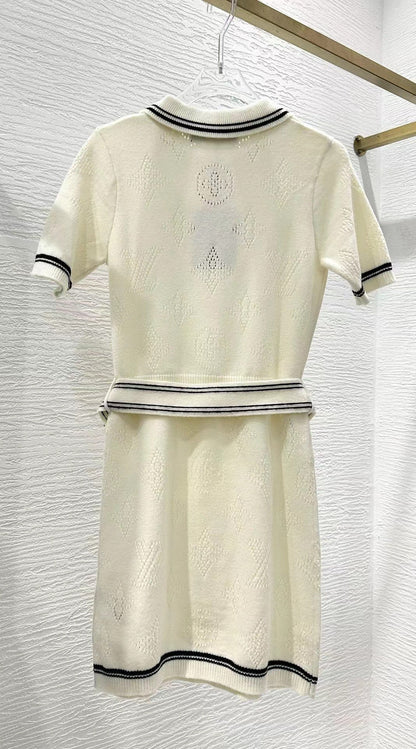 Stripe Accent Knit Polo Dress White Black Wool And Cashmere