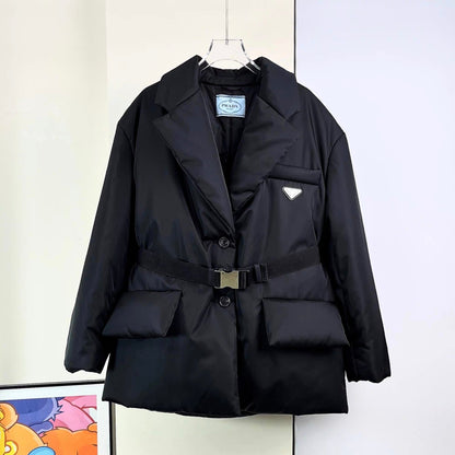 Prada 2025 Re-Nylon Down Jacket With Wide Lapels And A Belt