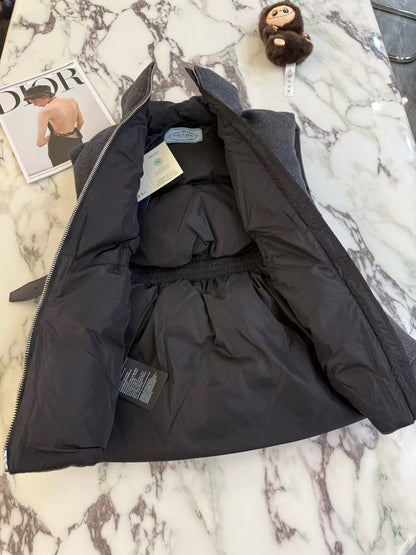 Prada 2025 Belted Down Vest Gray Wool
