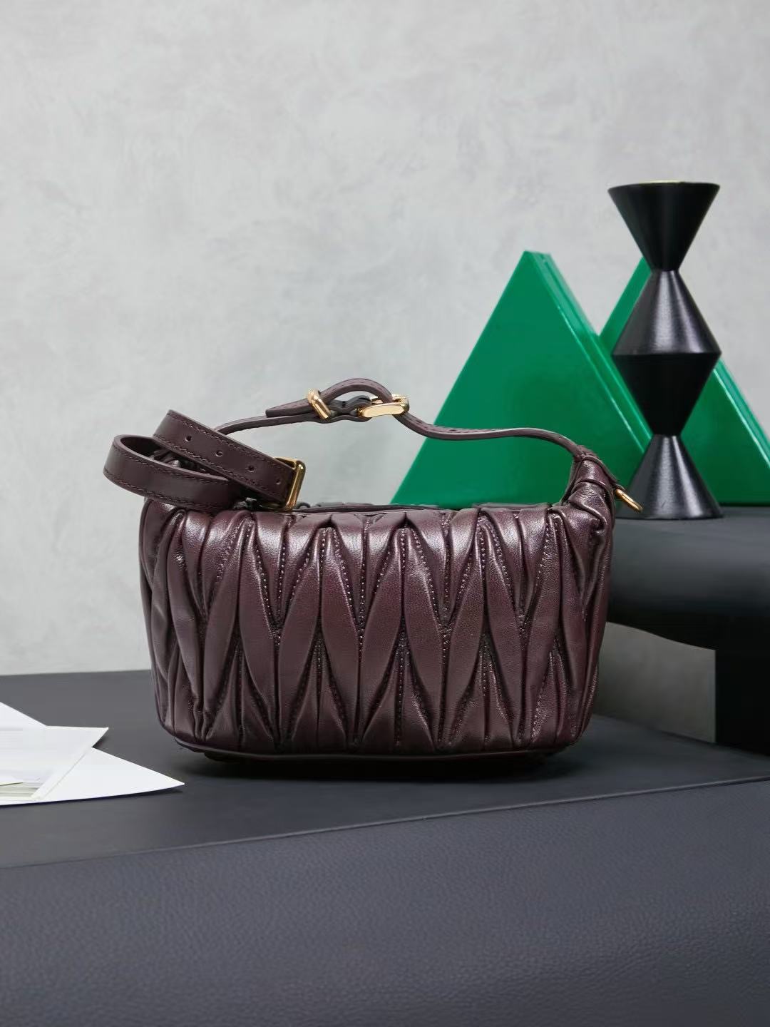Miu Matelassé Pouch Bag 23cm Chocolate Leather