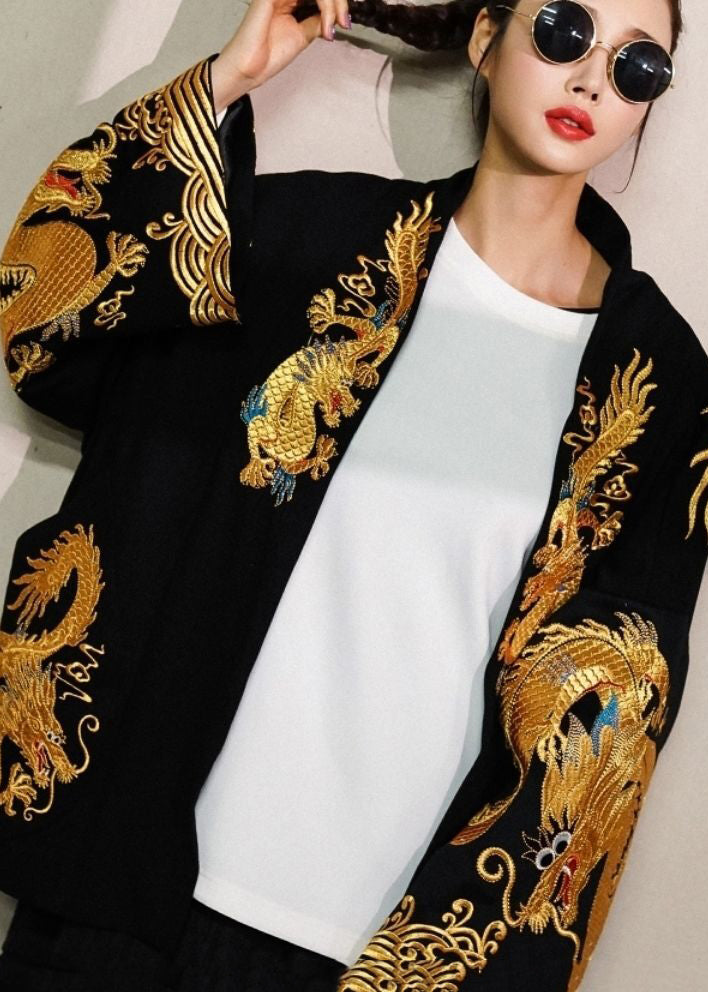 2025 Trendy Gold Painted Dragon Oversized Cotton Cardigan Jacket