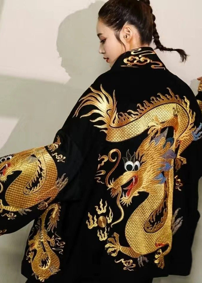 2025 Trendy Gold Painted Dragon Oversized Cotton Cardigan Jacket