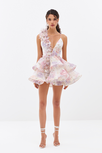 3D Flower Chiffon Ruffle Mini Dress