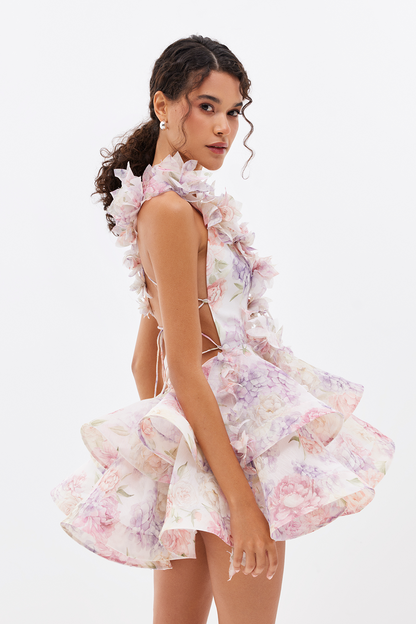 3D Flower Chiffon Ruffle Mini Dress