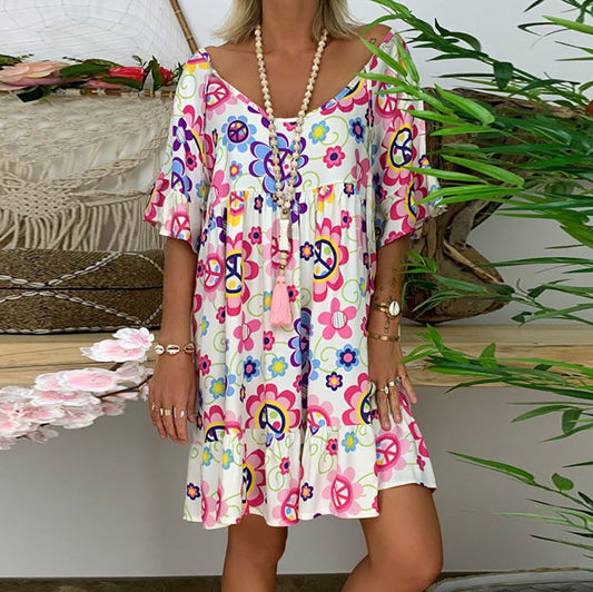 Bohemian Loose Flower Print Short-Sleeved Ruffled Summer Mini Dress