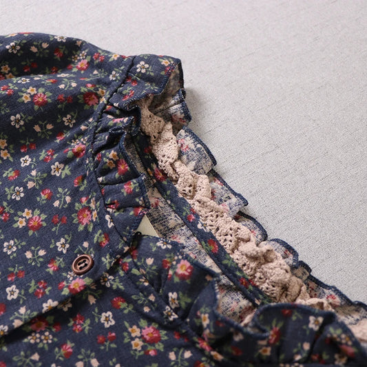 Japanese Mori Girl Art Print Dress Pretty Cotton Linen Spring Women New Floral Dress Loose Long-Sleeved Dress Midi Dress