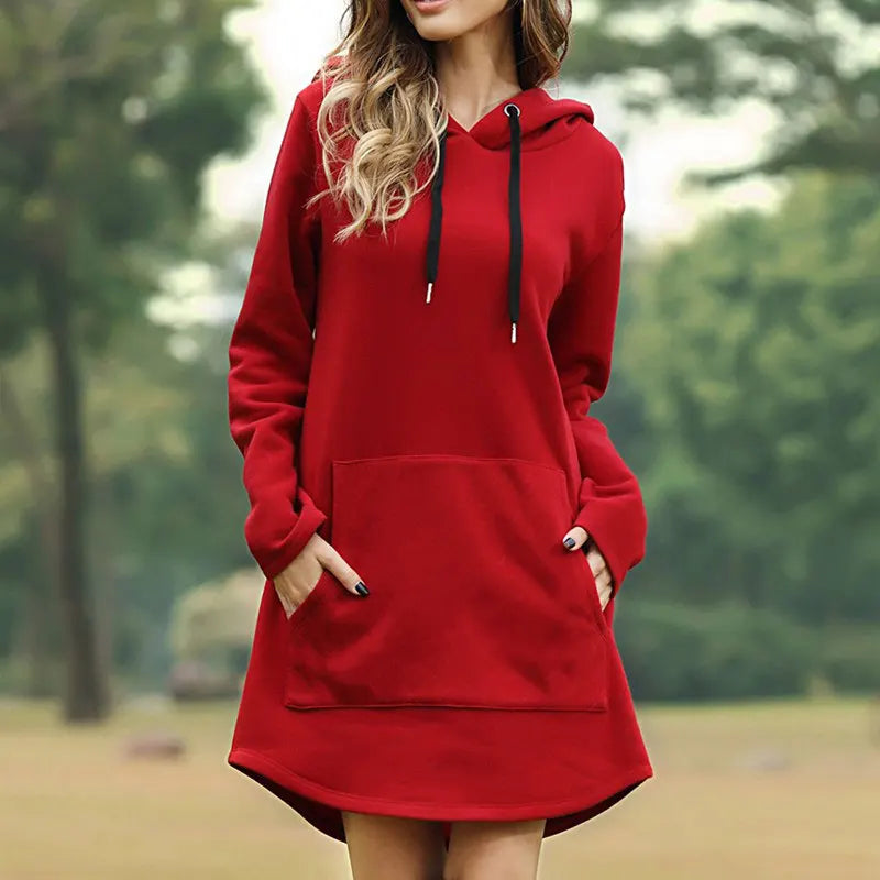 Casual Loose Solid Women Hoodies Long Style Sweatshirt Casual Pocket Oversized Hoodie Kpop Hoody Dress Pullover