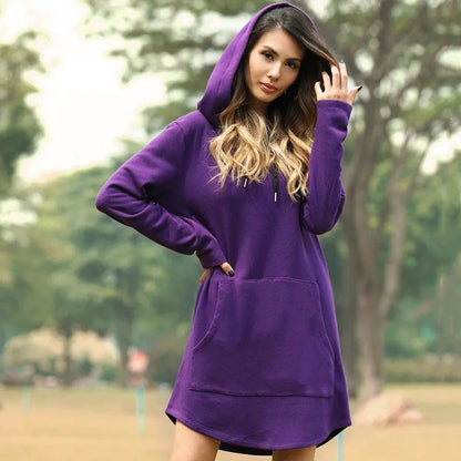 Casual Loose Solid Women Hoodies Long Style Sweatshirt Casual Pocket Oversized Hoodie Kpop Hoody Dress Pullover