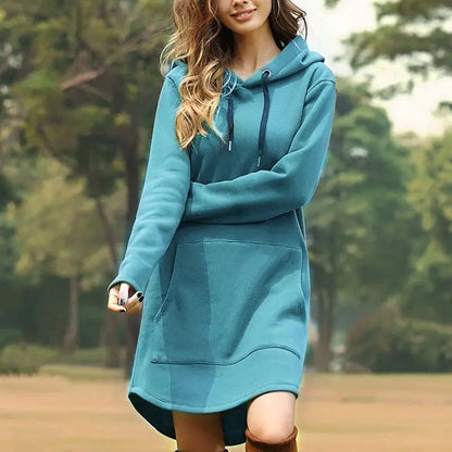 Casual Loose Solid Women Hoodies Long Style Sweatshirt Casual Pocket Oversized Hoodie Kpop Hoody Dress Pullover